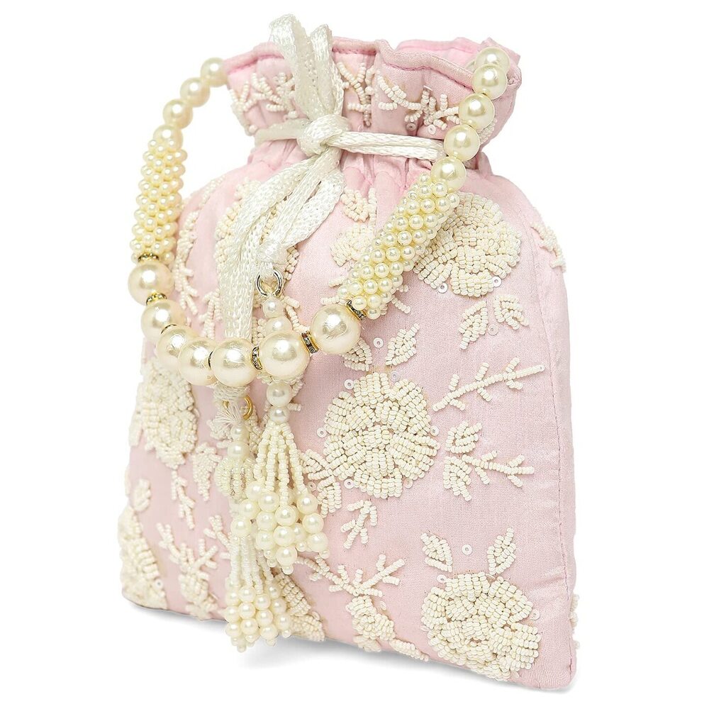 1408 Pink Potli Bag Gift Handmade Evening bag Stylish Bridal Wristlet Purse - Picture 6 of 8